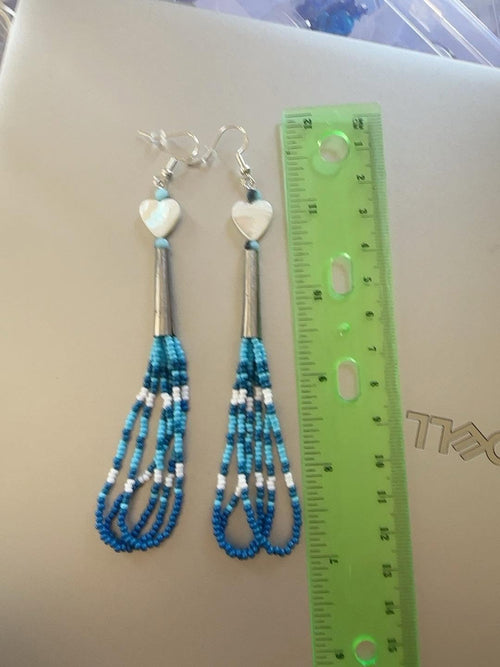 7-Inch Blue Loop Fringe Earrings with Freshwater Pearl