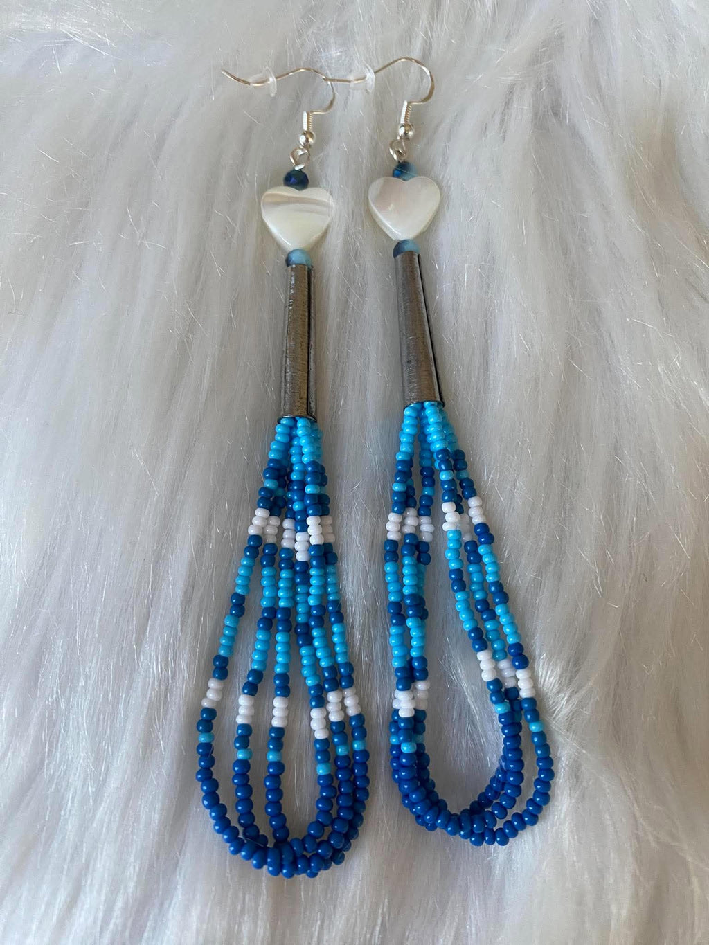 7-Inch Blue Loop Fringe Earrings with Freshwater Pearl