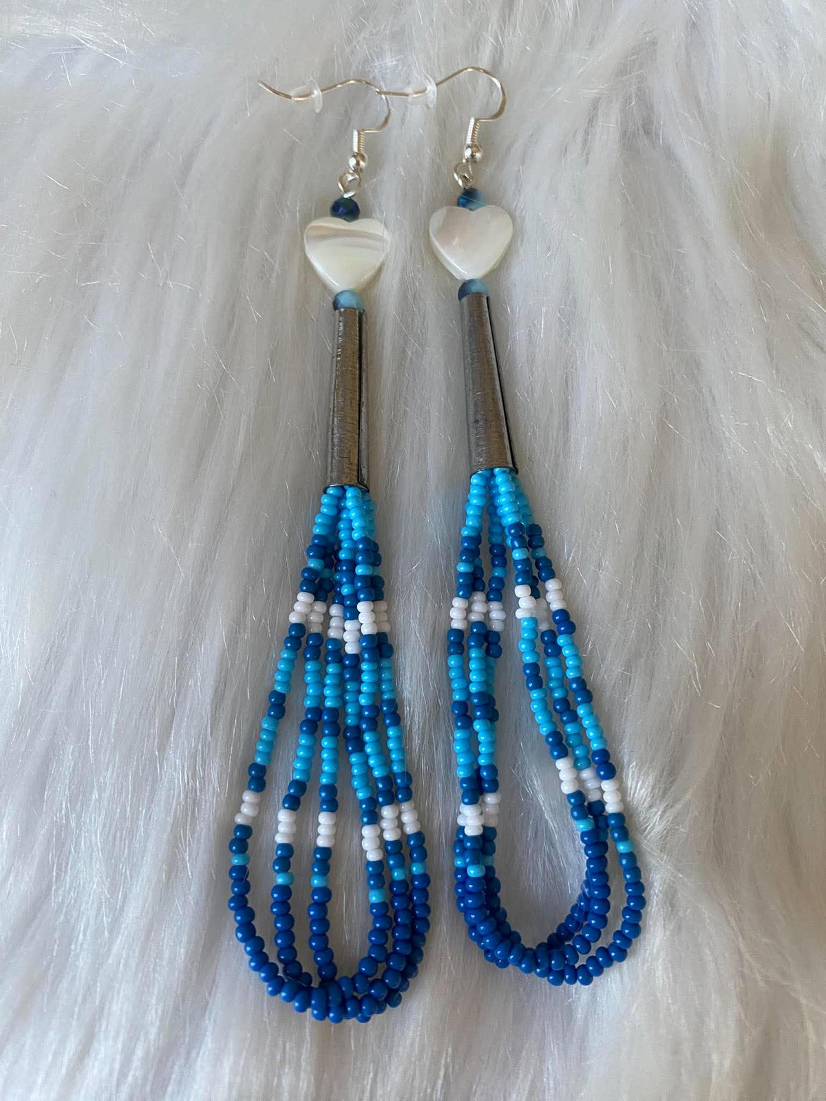 7-Inch Blue Loop Fringe Earrings with Freshwater Pearl