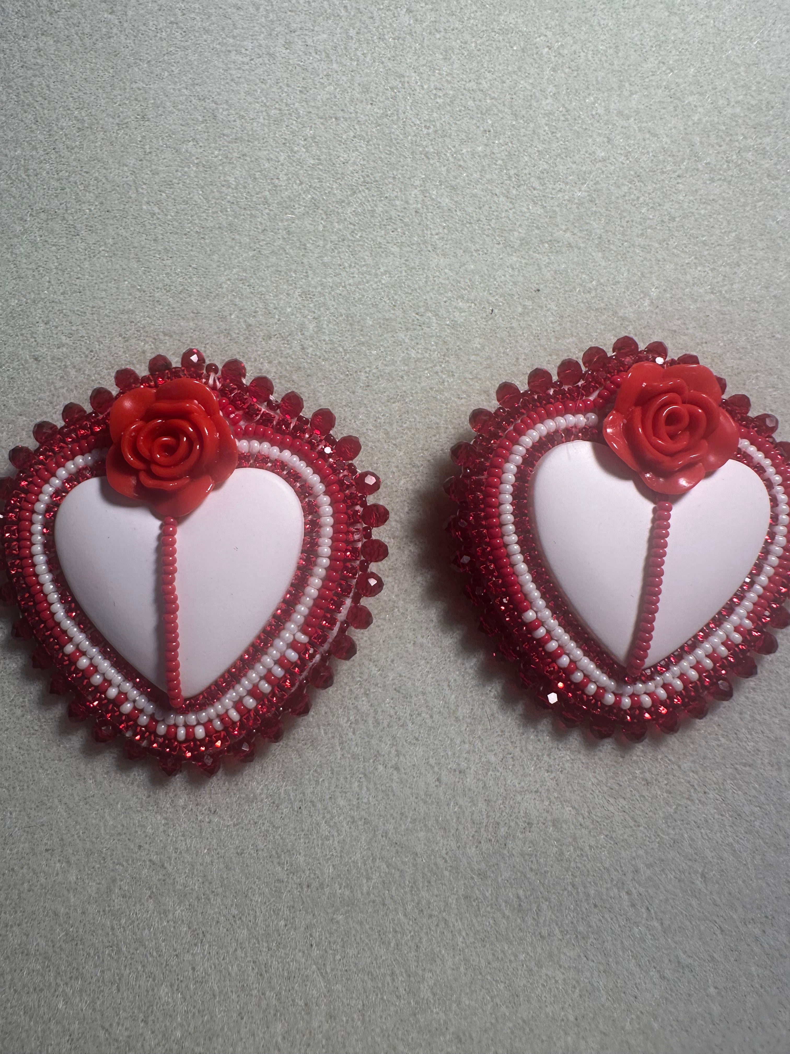 Beaded Heart Rose Earrings