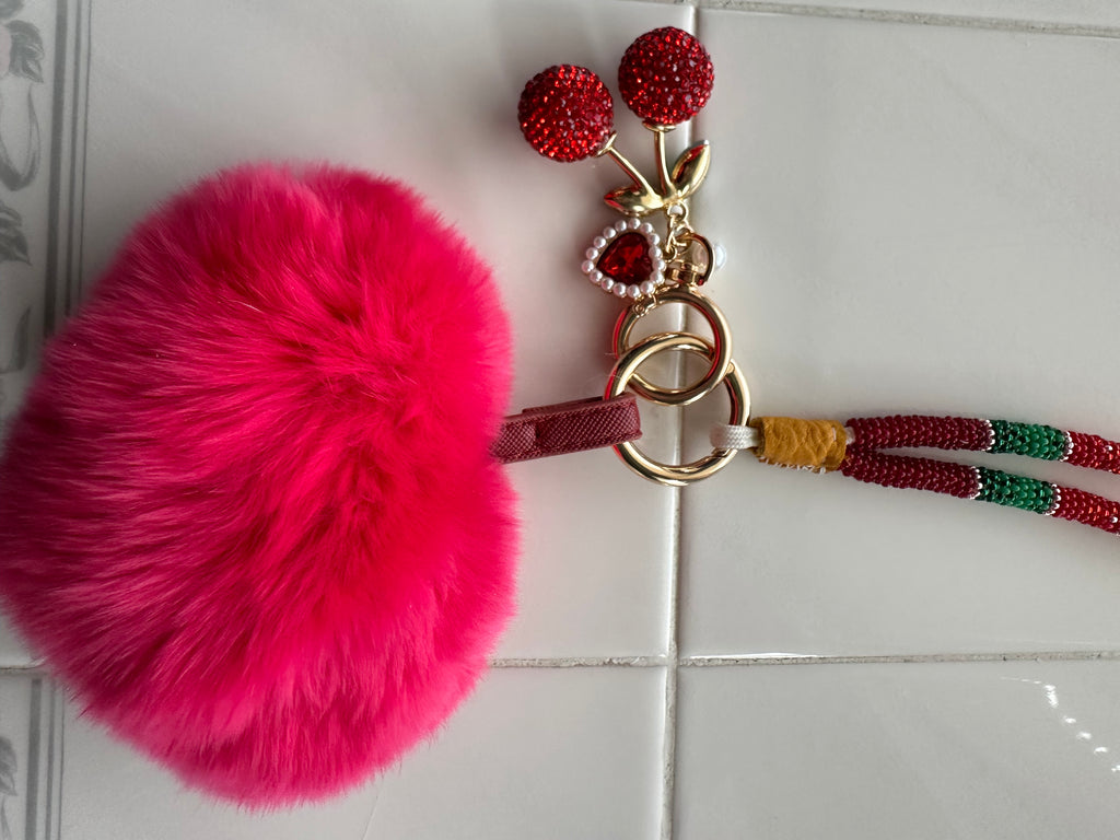 Cherry Pom Pom Wristlet Keychain - 7 Inch Beaded Strap