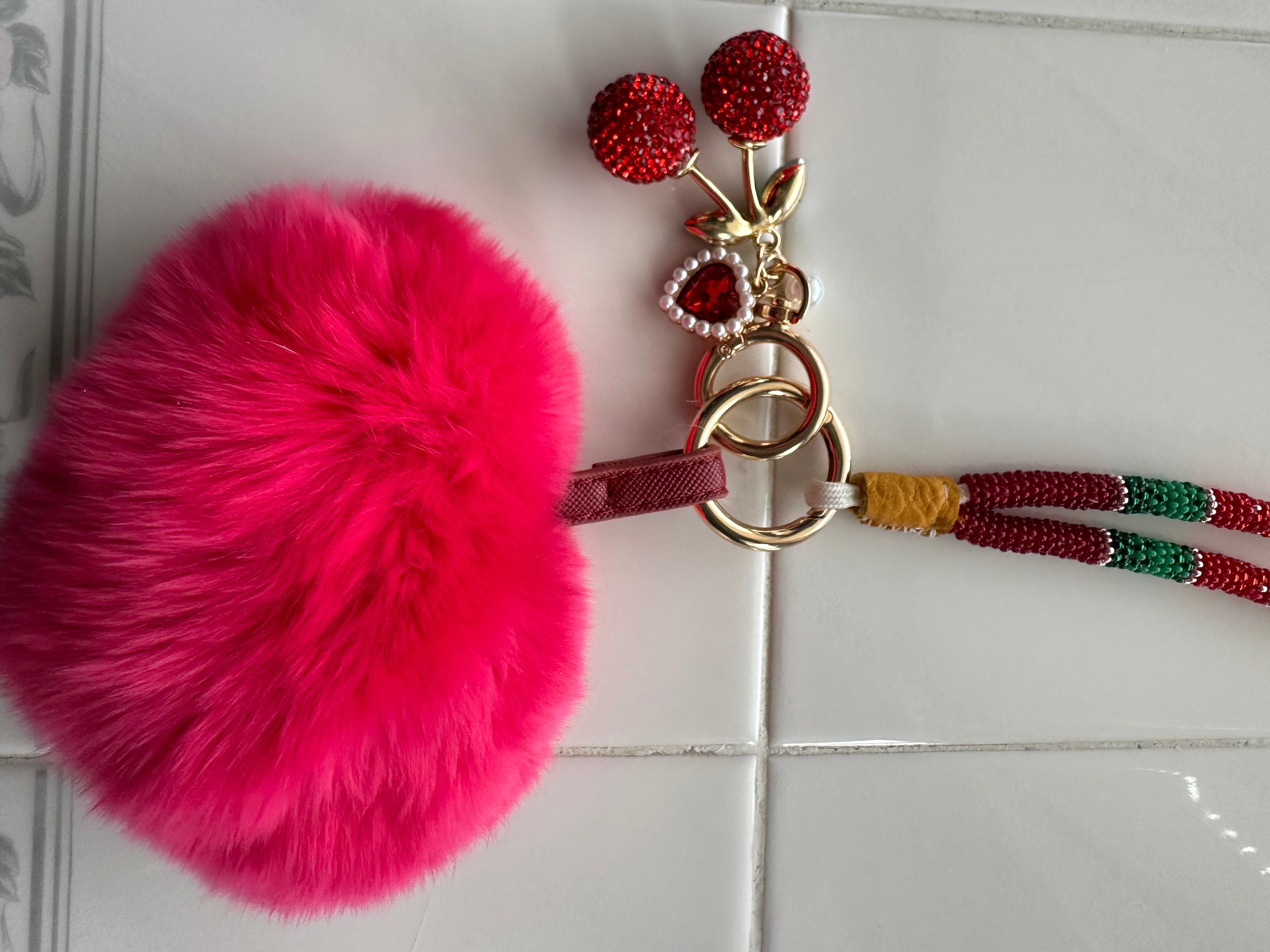 Cherry Pom Pom Wristlet Keychain - 7 Inch Beaded Strap
