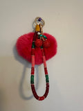 Cherry Pom Pom Wristlet Keychain - 7 Inch Beaded Strap