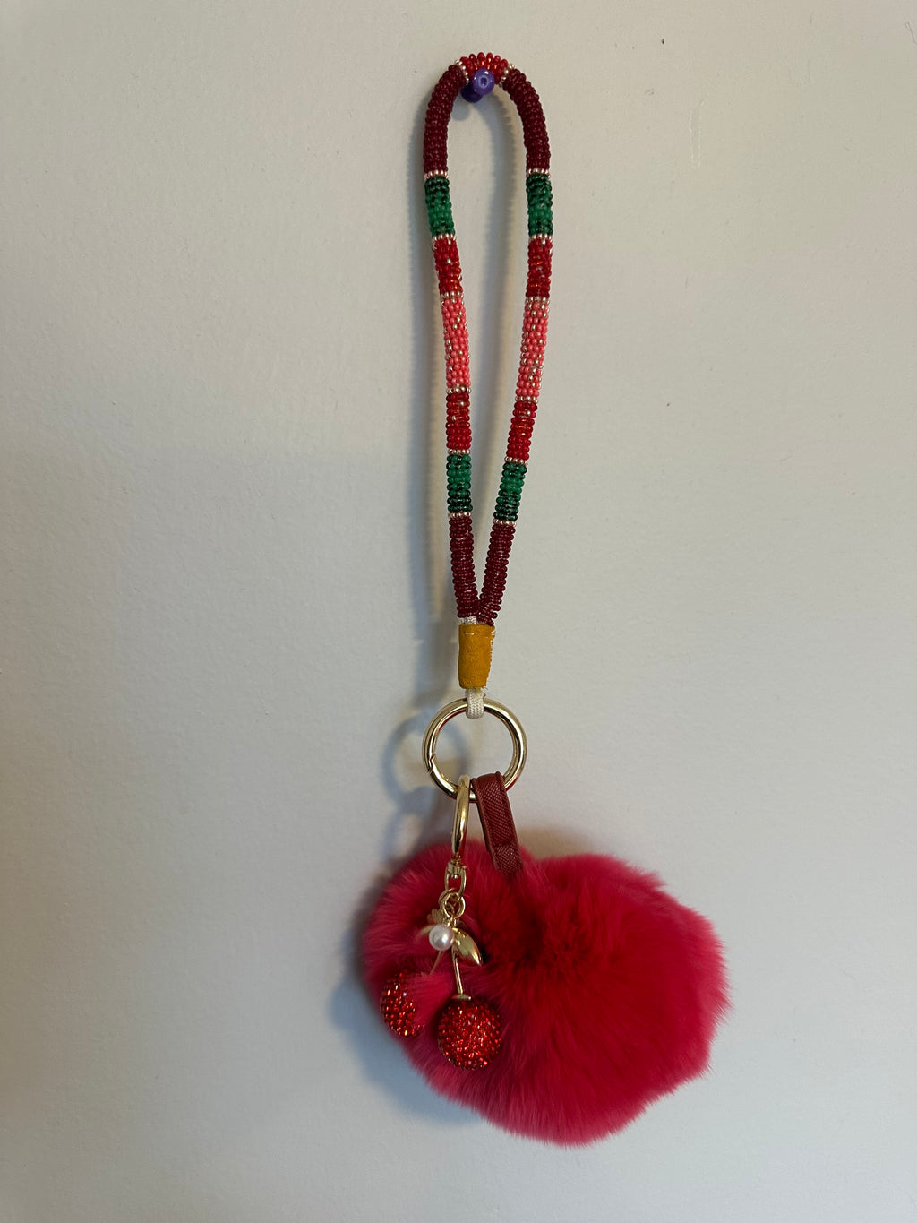 Cherry Pom Pom Wristlet Keychain - 7 Inch Beaded Strap