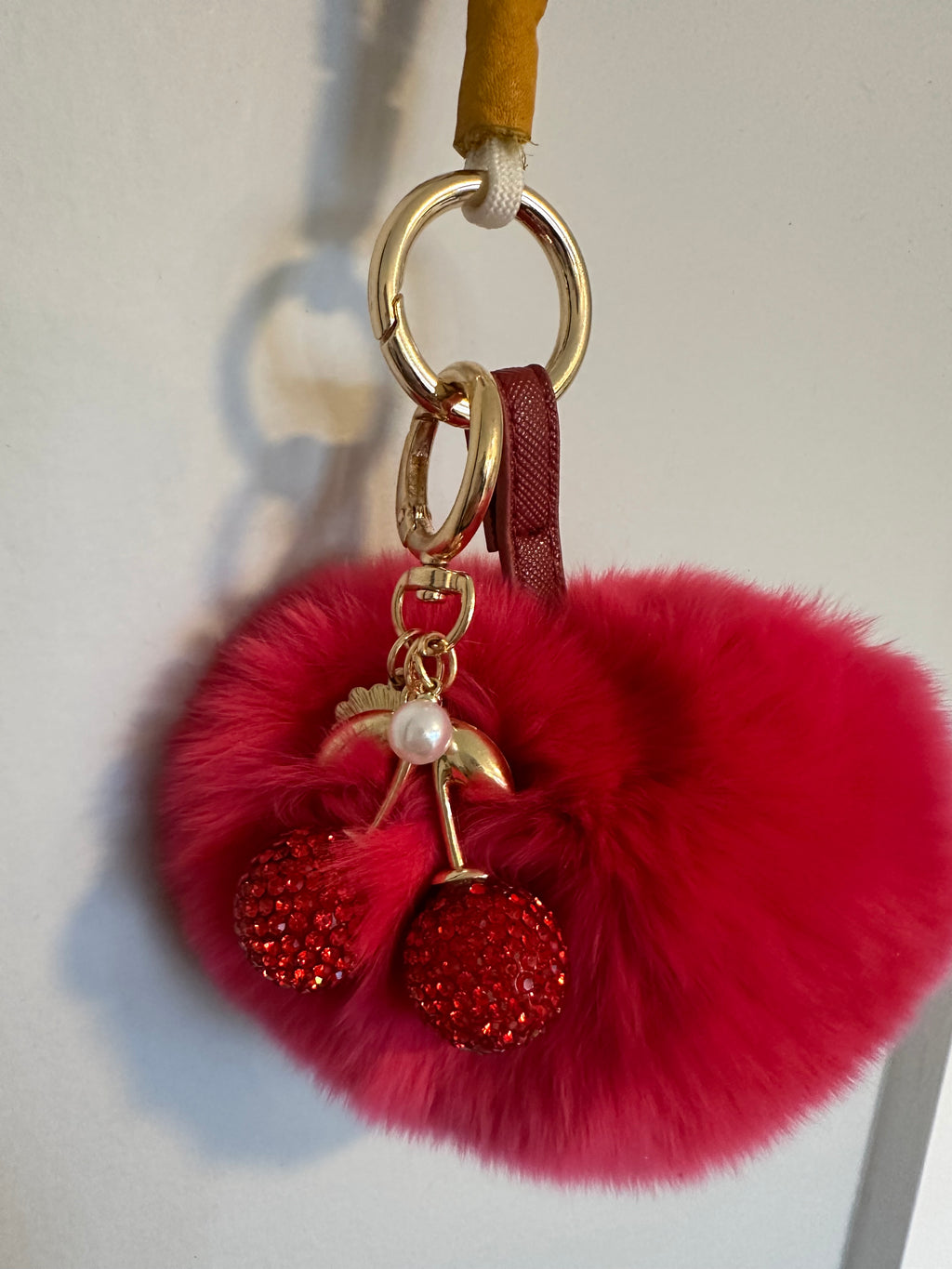 Cherry Pom Pom Wristlet Keychain - 7 Inch Beaded Strap