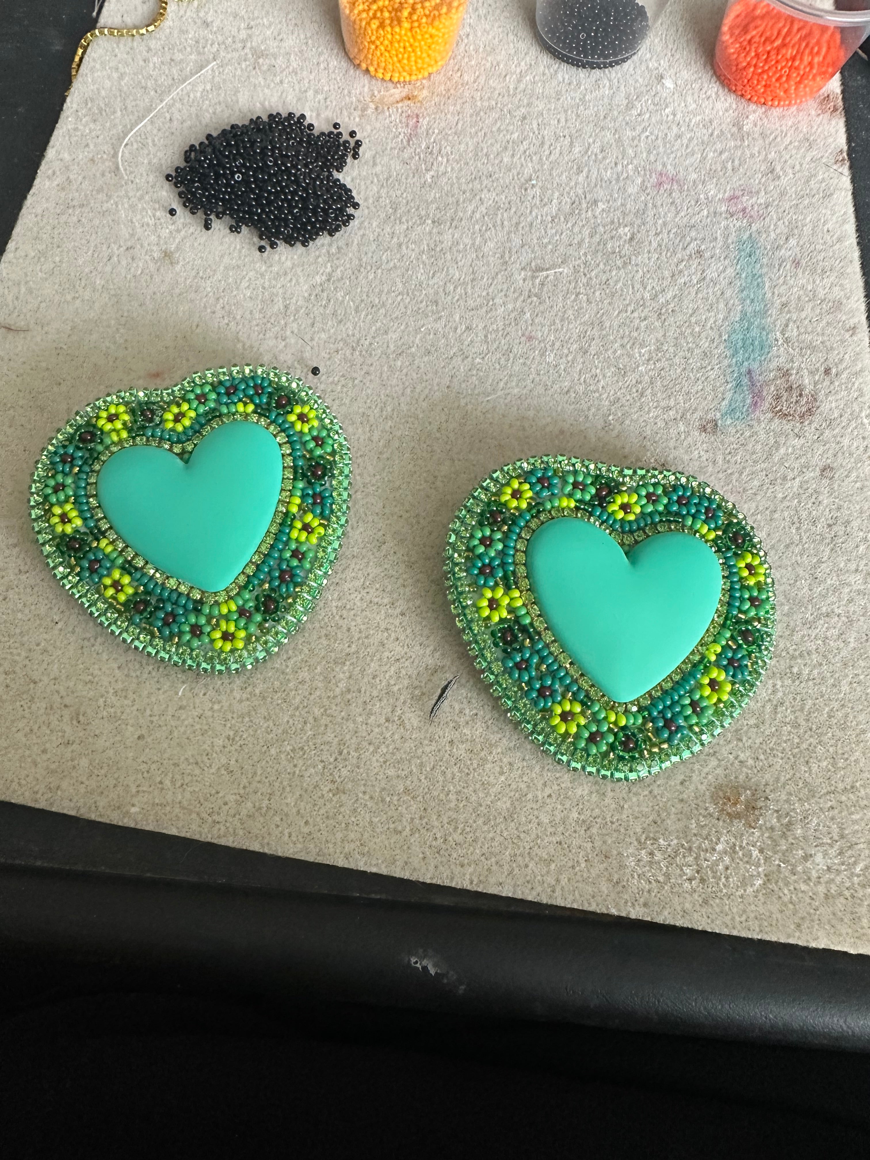 Teal Heart Beaded Earrings