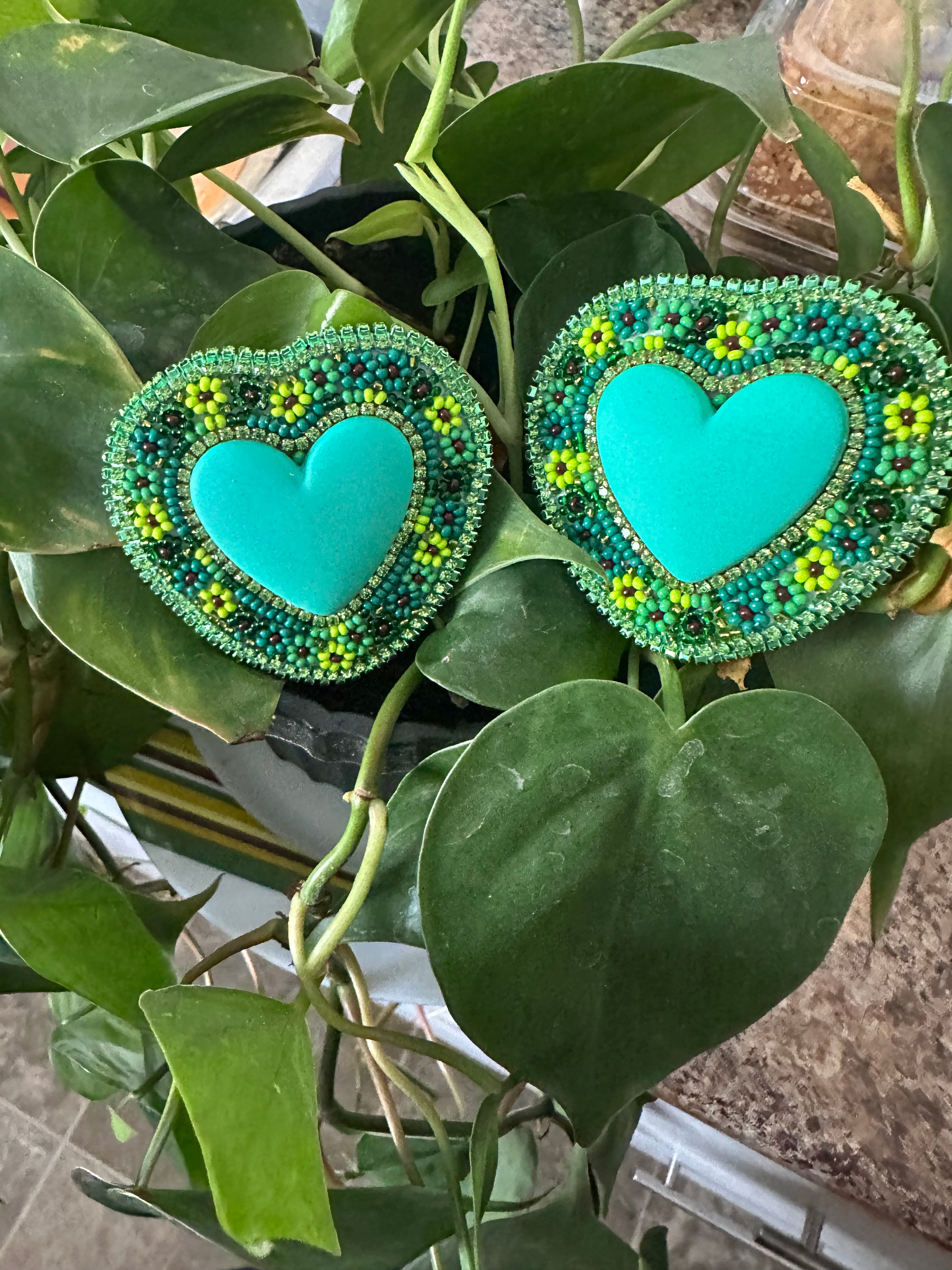 Teal Heart Beaded Earrings