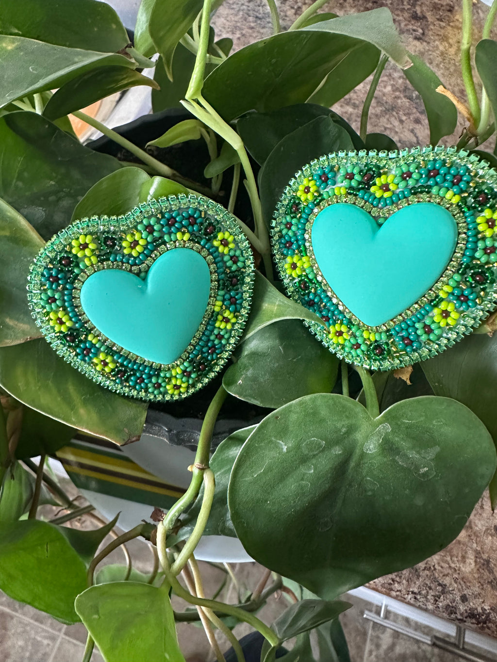 Teal Heart Beaded Earrings