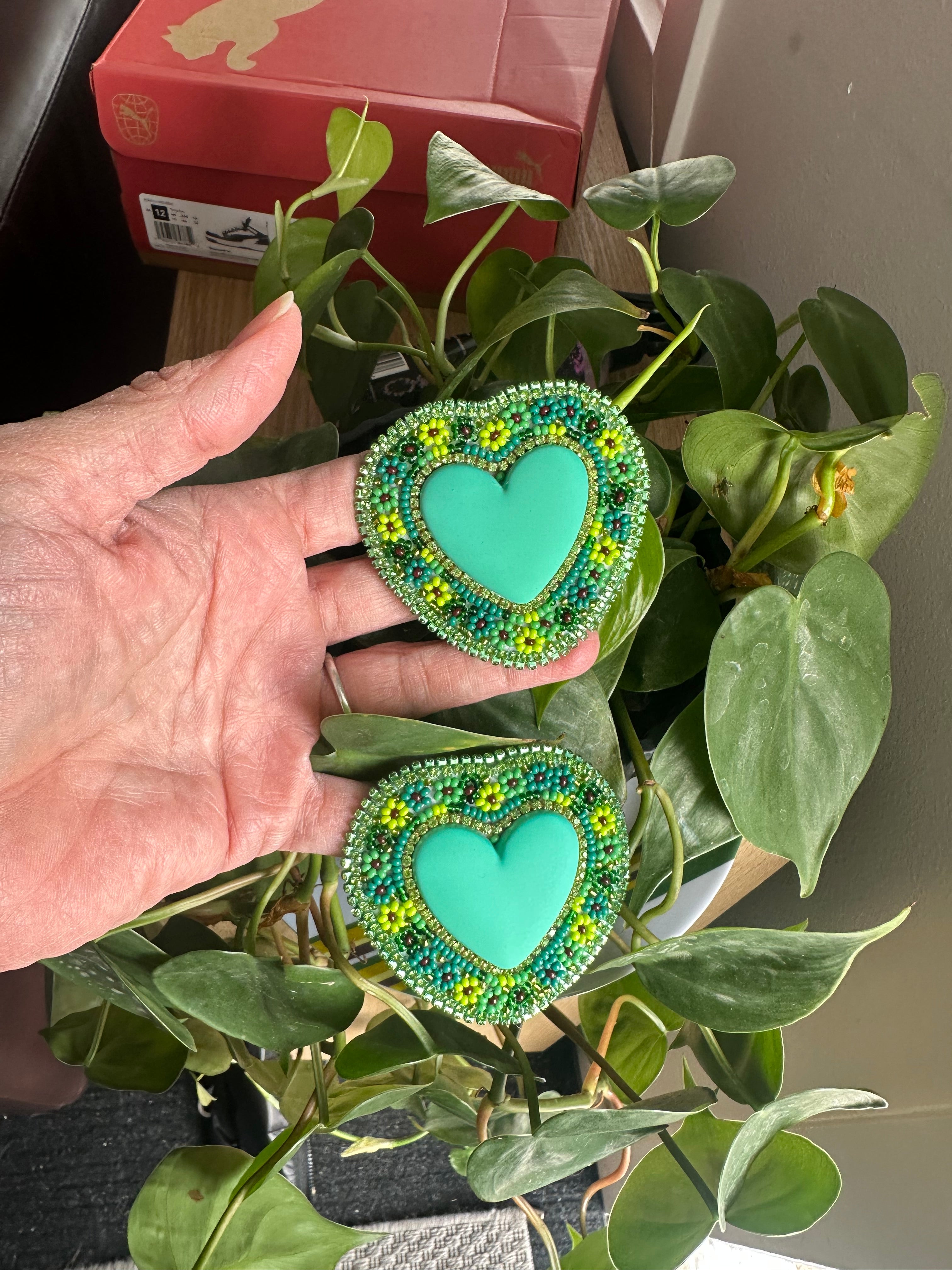 Teal Heart Beaded Earrings