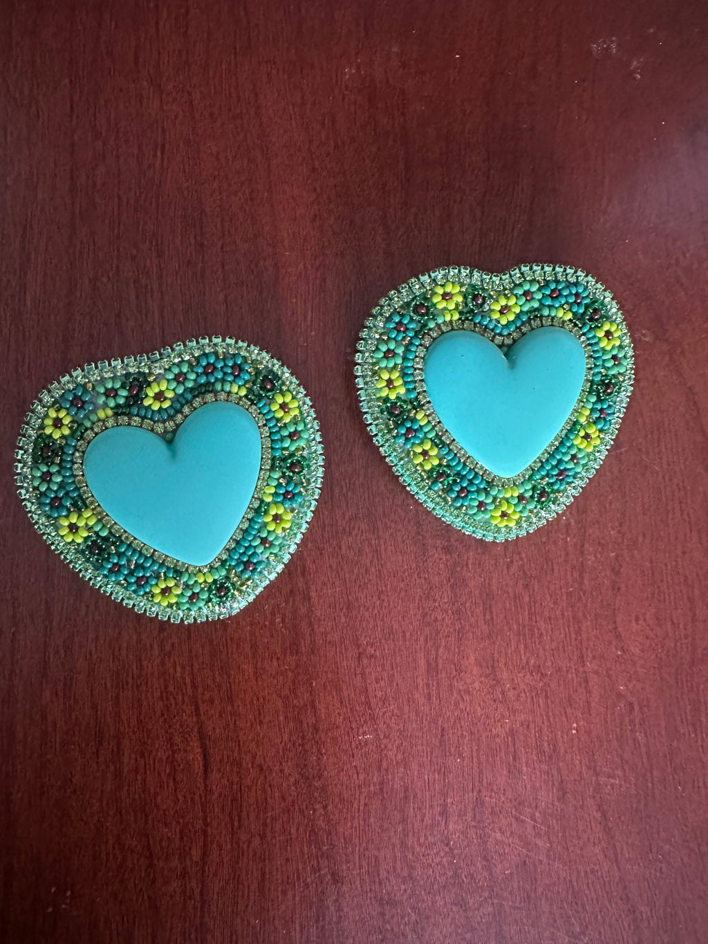 Teal Heart Beaded Earrings