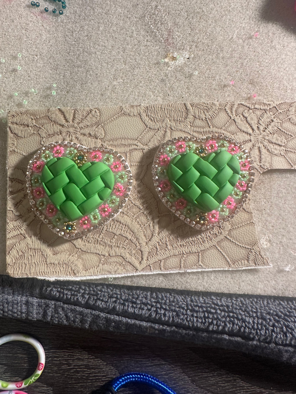 Green Woven Heart Beaded Earrings