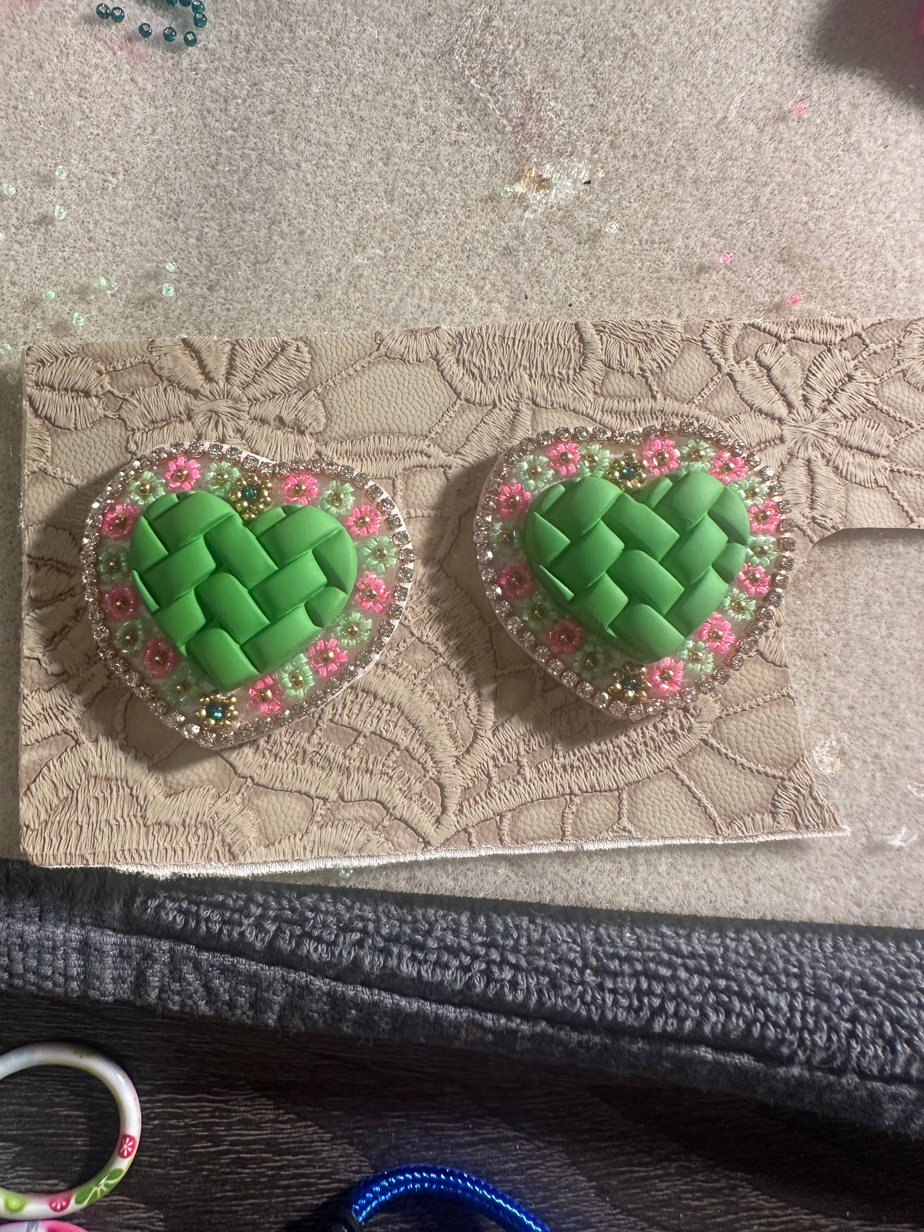 Green Woven Heart Beaded Earrings