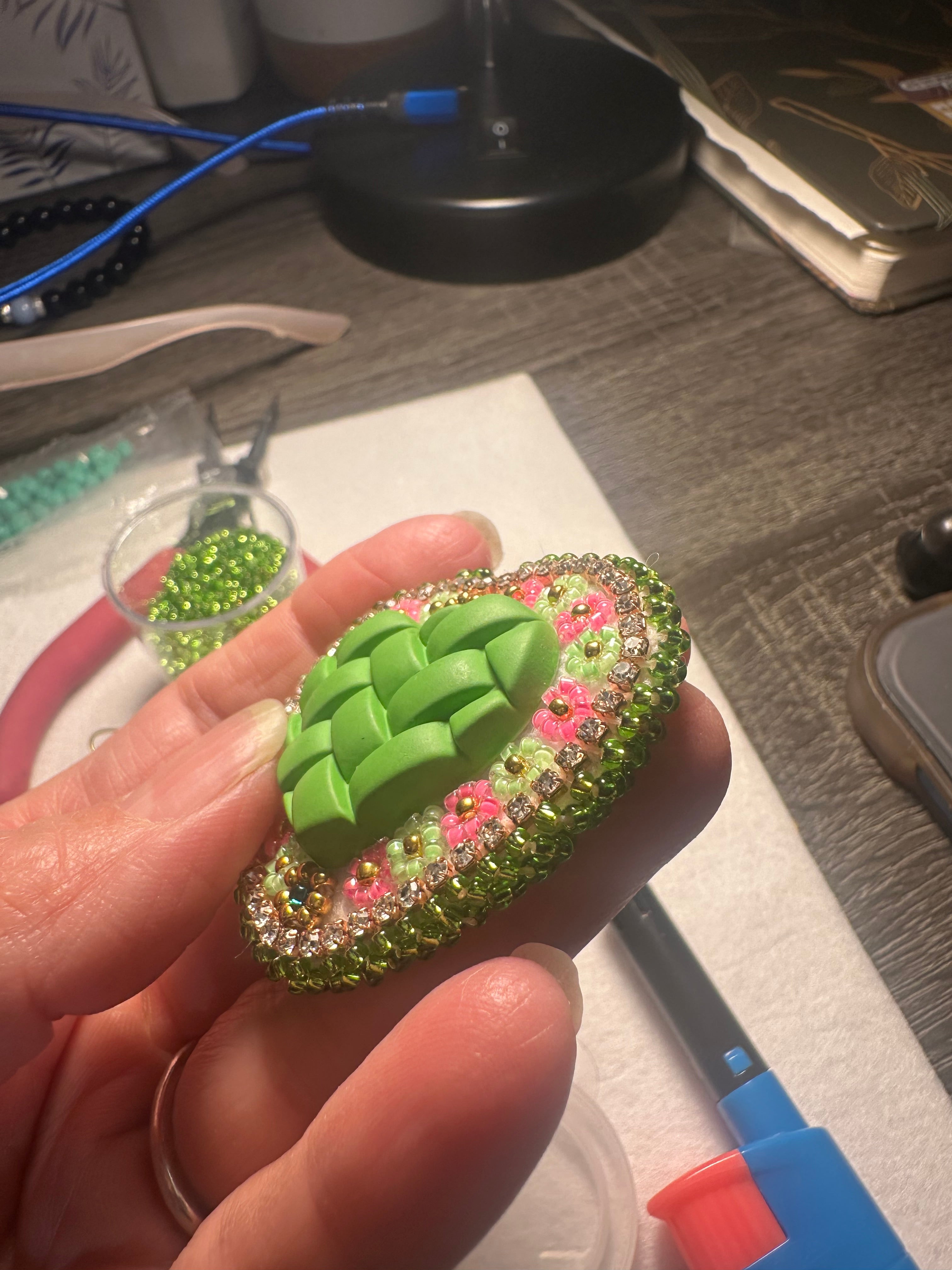 Green Woven Heart Beaded Earrings