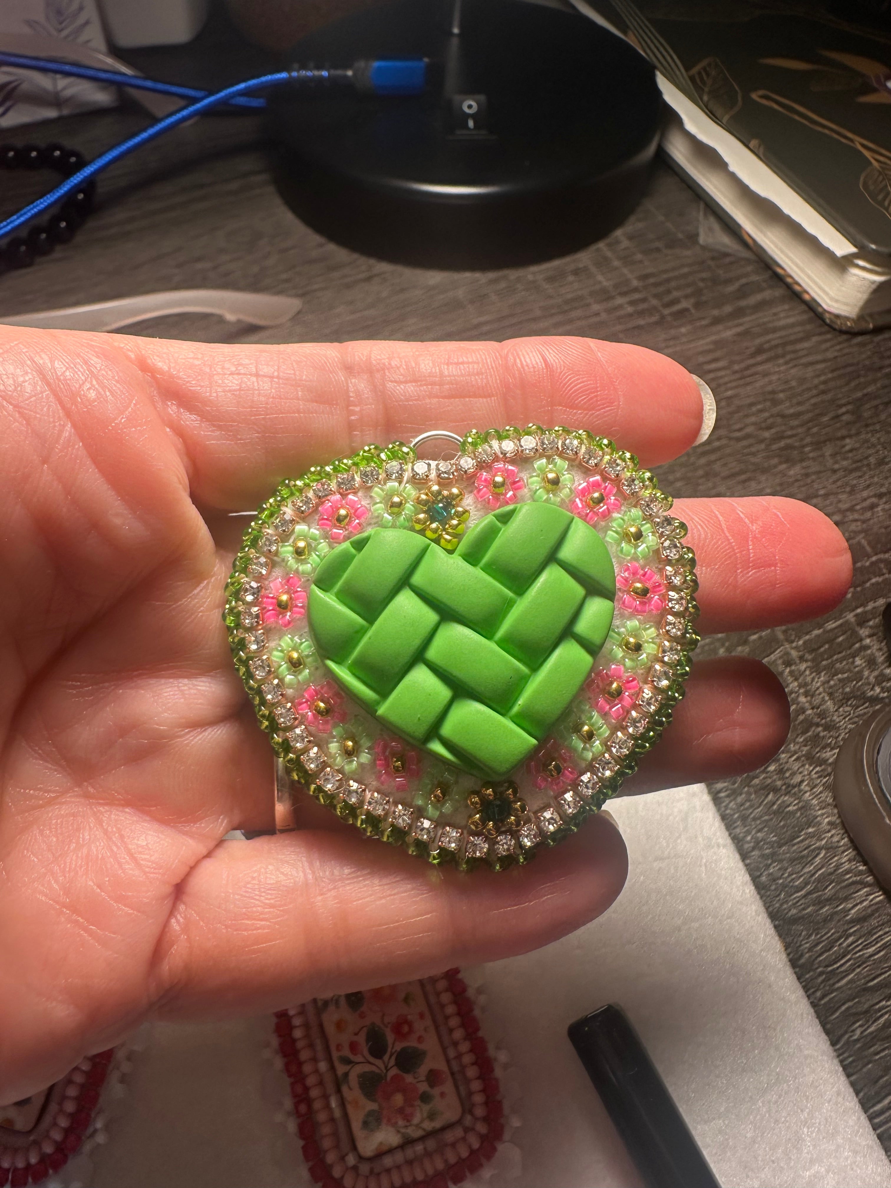 Green Woven Heart Beaded Earrings