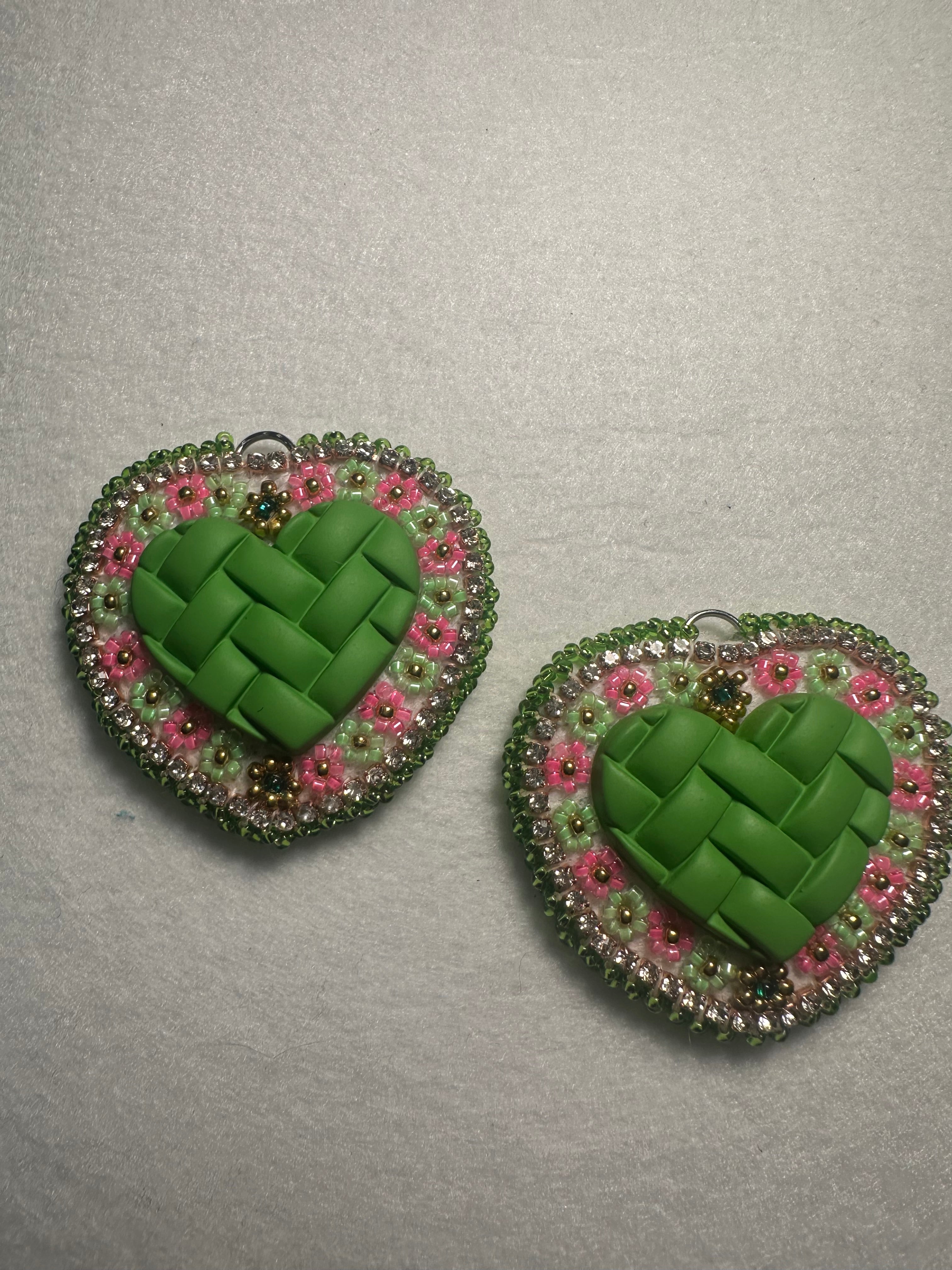 Green Woven Heart Beaded Earrings
