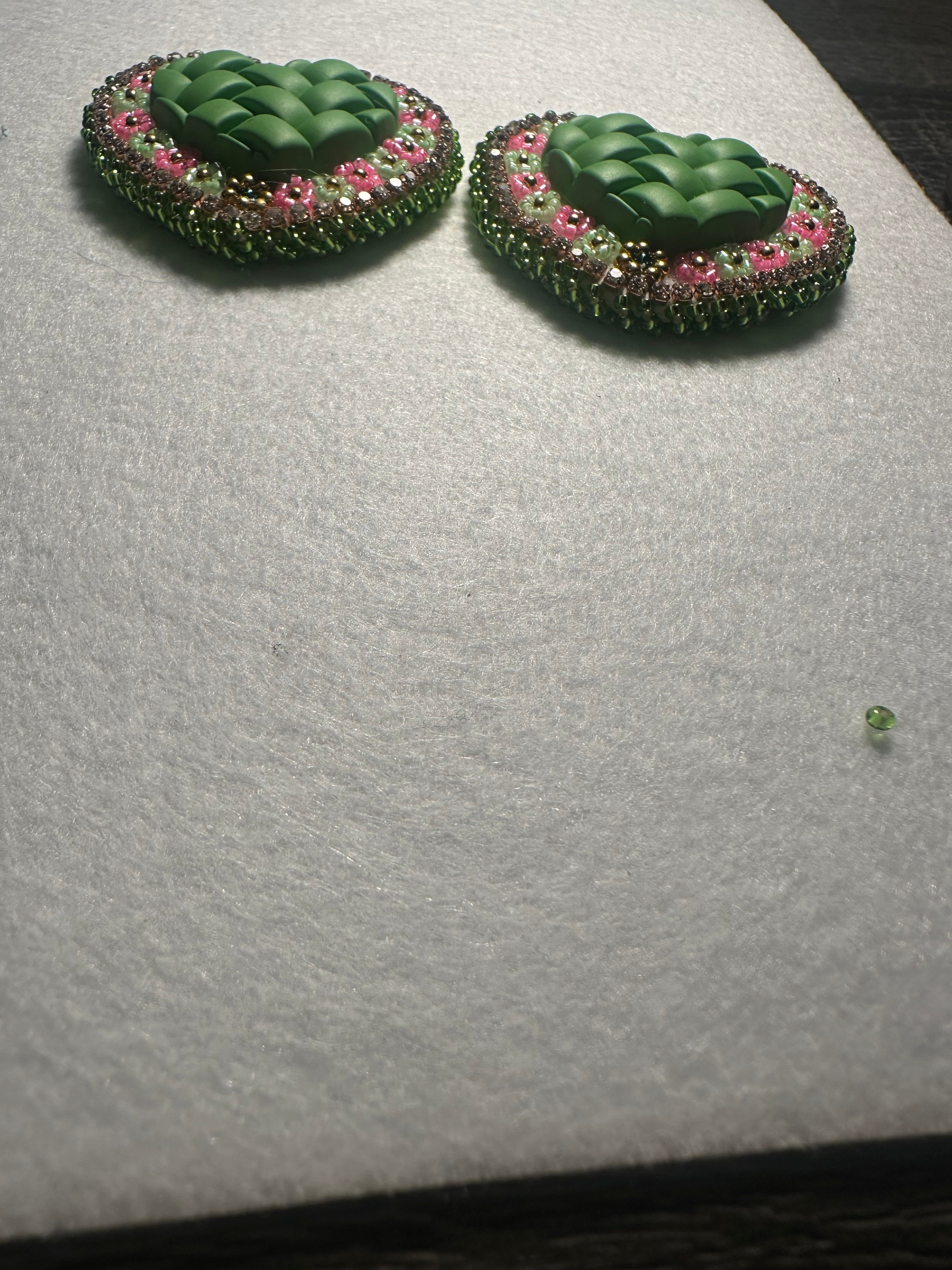 Green Woven Heart Beaded Earrings