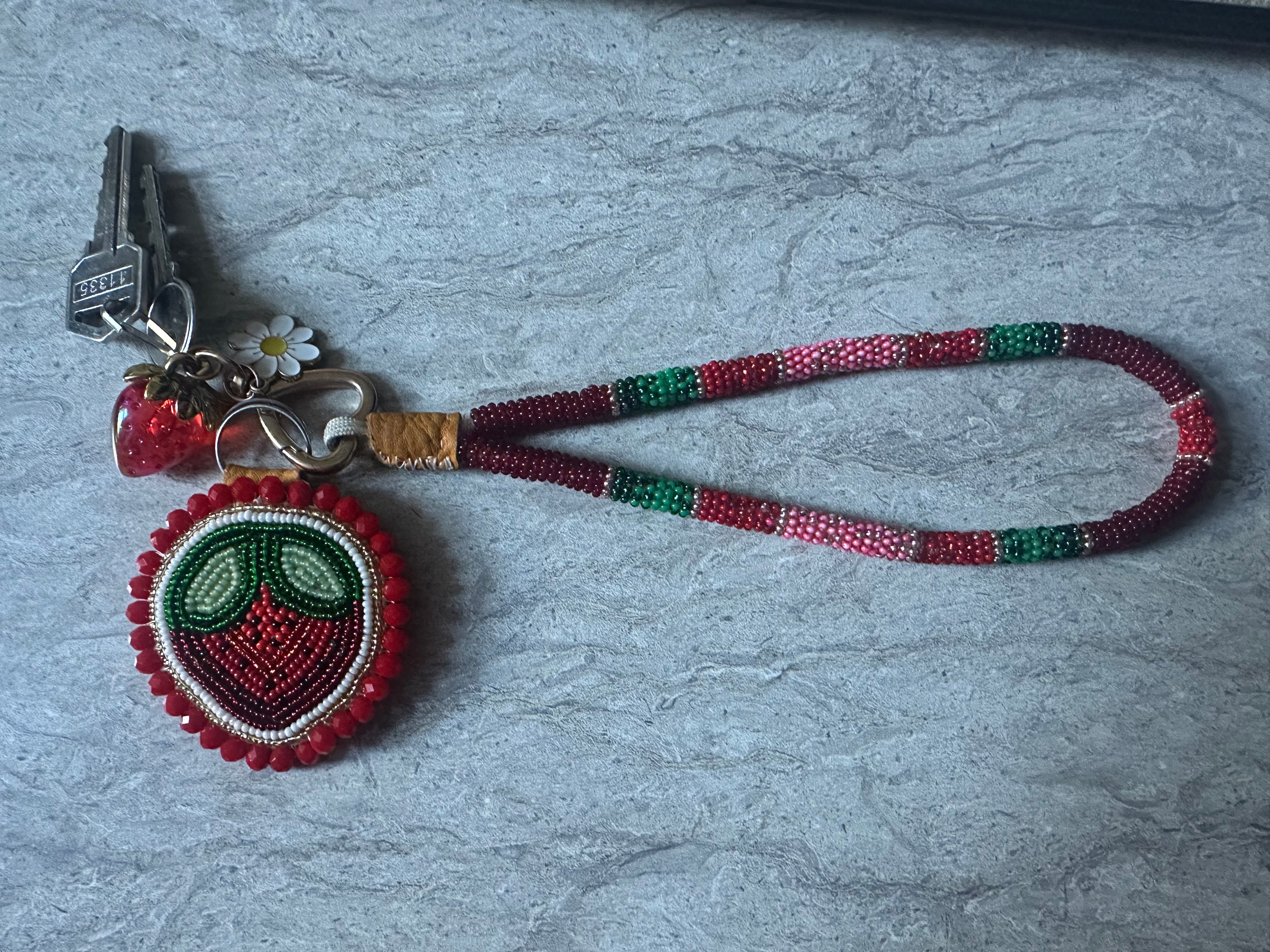 Beaded Strawberry Lanyard Keychain