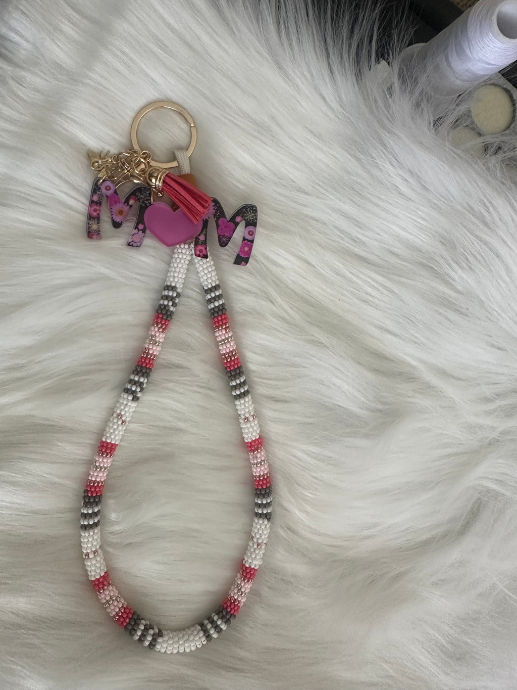 Pink & Grey Beaded MOM Wristlet Keychain – 3-in-1 Handcrafted Set