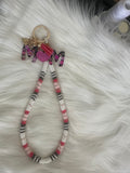 Pink & Grey Beaded MOM Wristlet Keychain – 3-in-1 Handcrafted Set