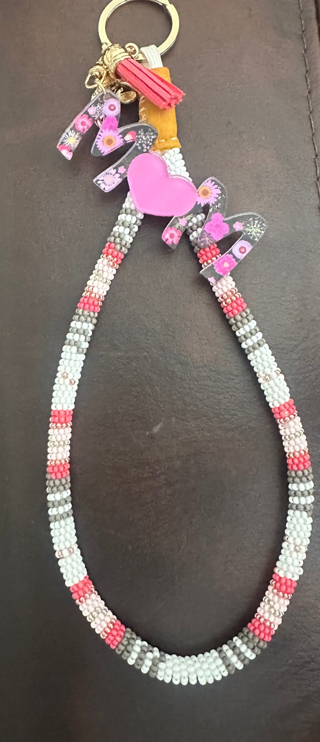 Pink & Grey Beaded MOM Wristlet Keychain – 3-in-1 Handcrafted Set